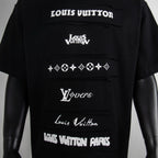 Black short-sleeve T-shirt with stacked Louis Vuitton graphics and logos