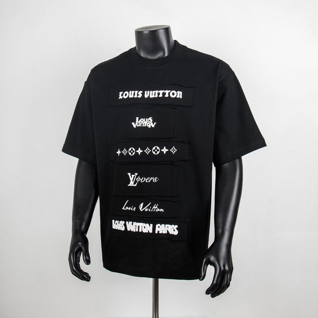 Black short-sleeve T-shirt with Louis Vuitton graphic lettering
