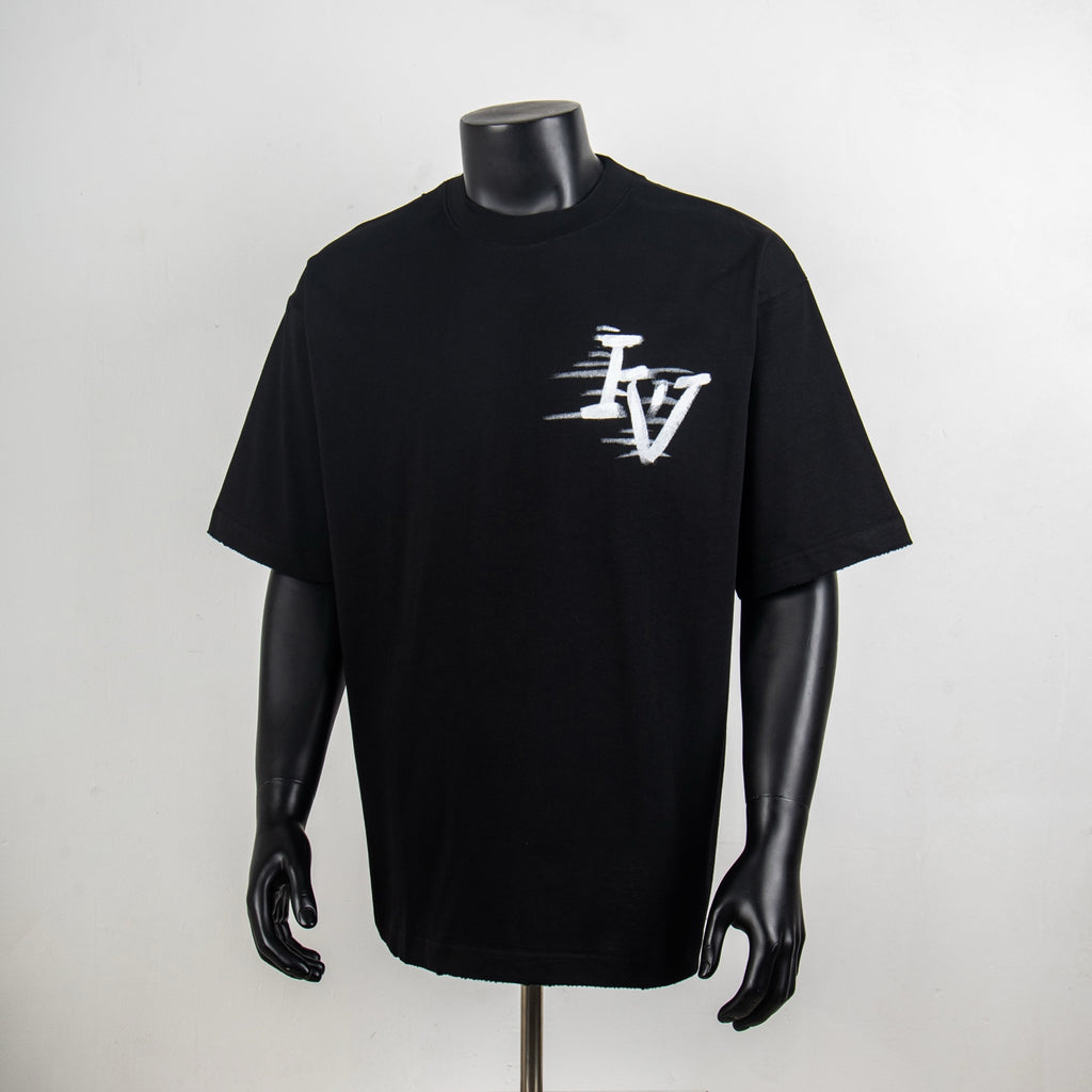 Louis Vuitton black short-sleeve T-shirt with white LV graphic on chest