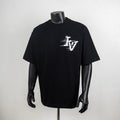 Louis Vuitton black short-sleeve T-shirt with white LV graphic on chest