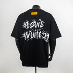 Black short-sleeve T-shirt with large white LV script logo on back