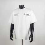 White short-sleeve T-shirt with L.V.M. logo graphic on chest