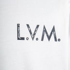 White T-shirt with L.V.M. logo graphic on chest