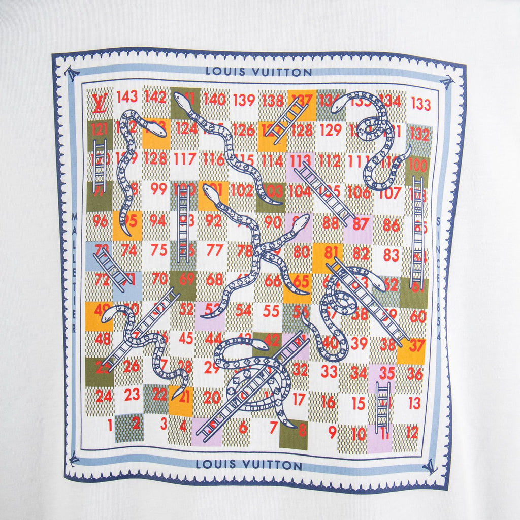White T-shirt back close-up with colorful framed number map graphic