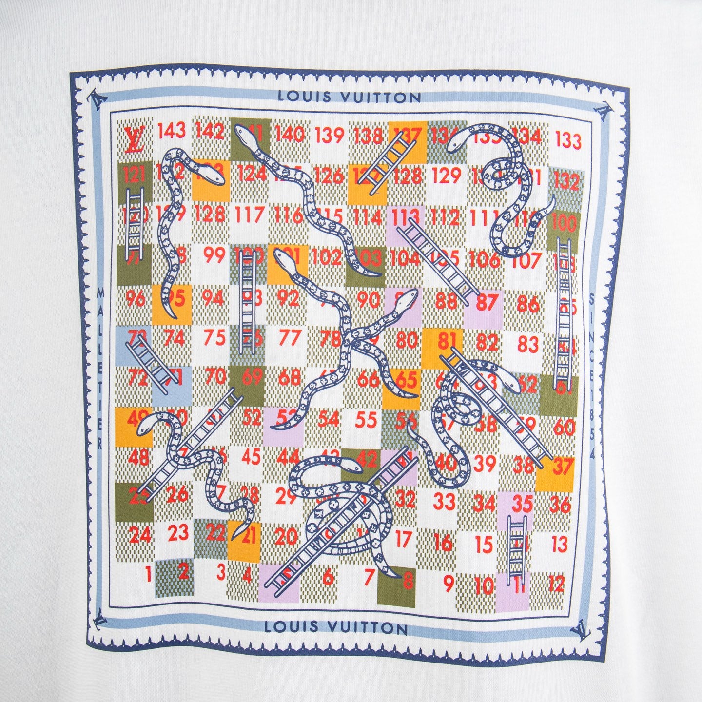 White T-shirt back close-up with colorful framed number map graphic