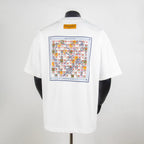 White short-sleeve T-shirt with colorful rectangular back graphic panel