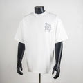 White short-sleeve T-shirt with small blue graphic print on chest