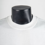 White T-shirt neckline close-up with ribbed crew collar