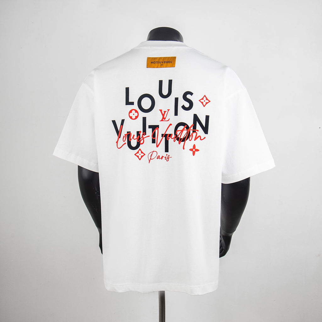White Louis Vuitton T-shirt with back logo print in red script and symbols