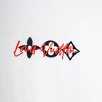 Louis Vuitton T-shirt front logo detail with red-and-black script print