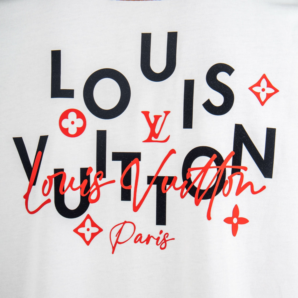 White Louis Vuitton T-shirt with large multicolor logo typography design