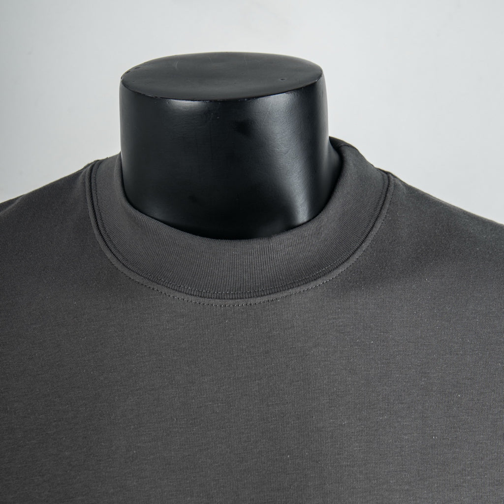 Louis Vuitton short-sleeve t-shirt neckline close-up, dark gray crew neck