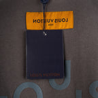 Louis Vuitton short-sleeve t-shirt back label with hanging tag and blue logo on dark gray