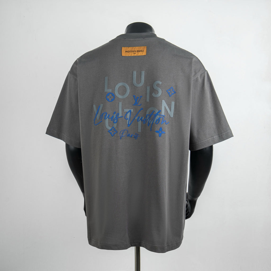 Dark gray T-shirt with large back blue graphic and yellow neck label
