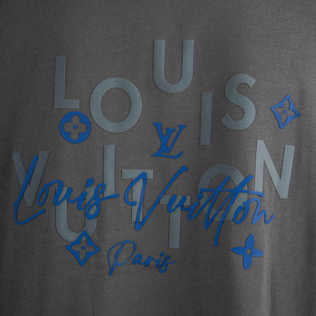 Dark gray T-shirt with large blue lettered graphic and star accents