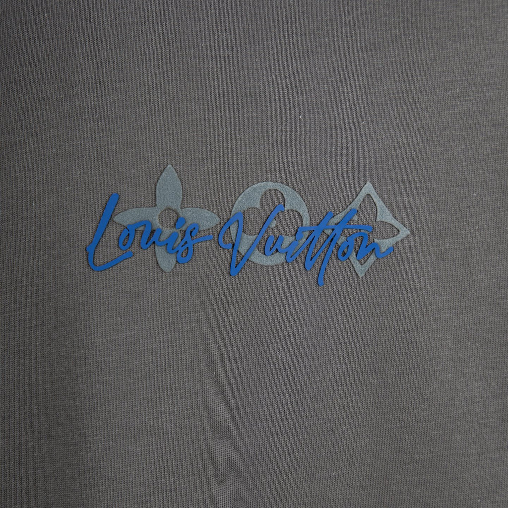 Dark gray T-shirt with blue script logo across the chest