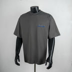 Dark gray short-sleeve T-shirt with small blue chest logo