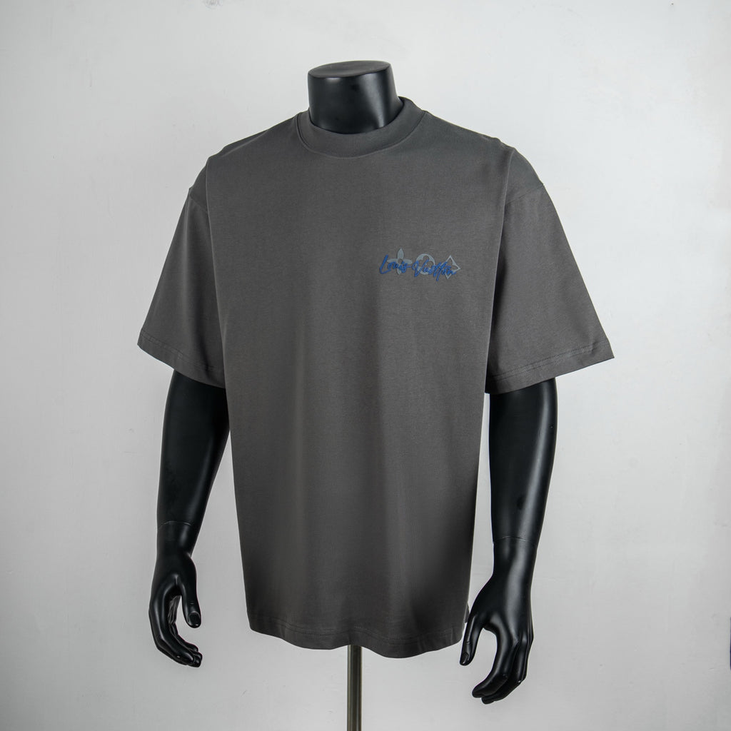 Louis Vuitton short-sleeve t-shirt, dark gray, crew neck, blue logo graphic at chest