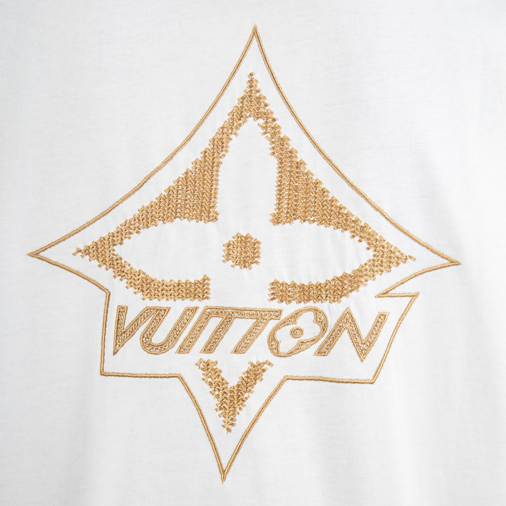 Louis Vuitton gold diamond LV logo embroidery on white T-shirt