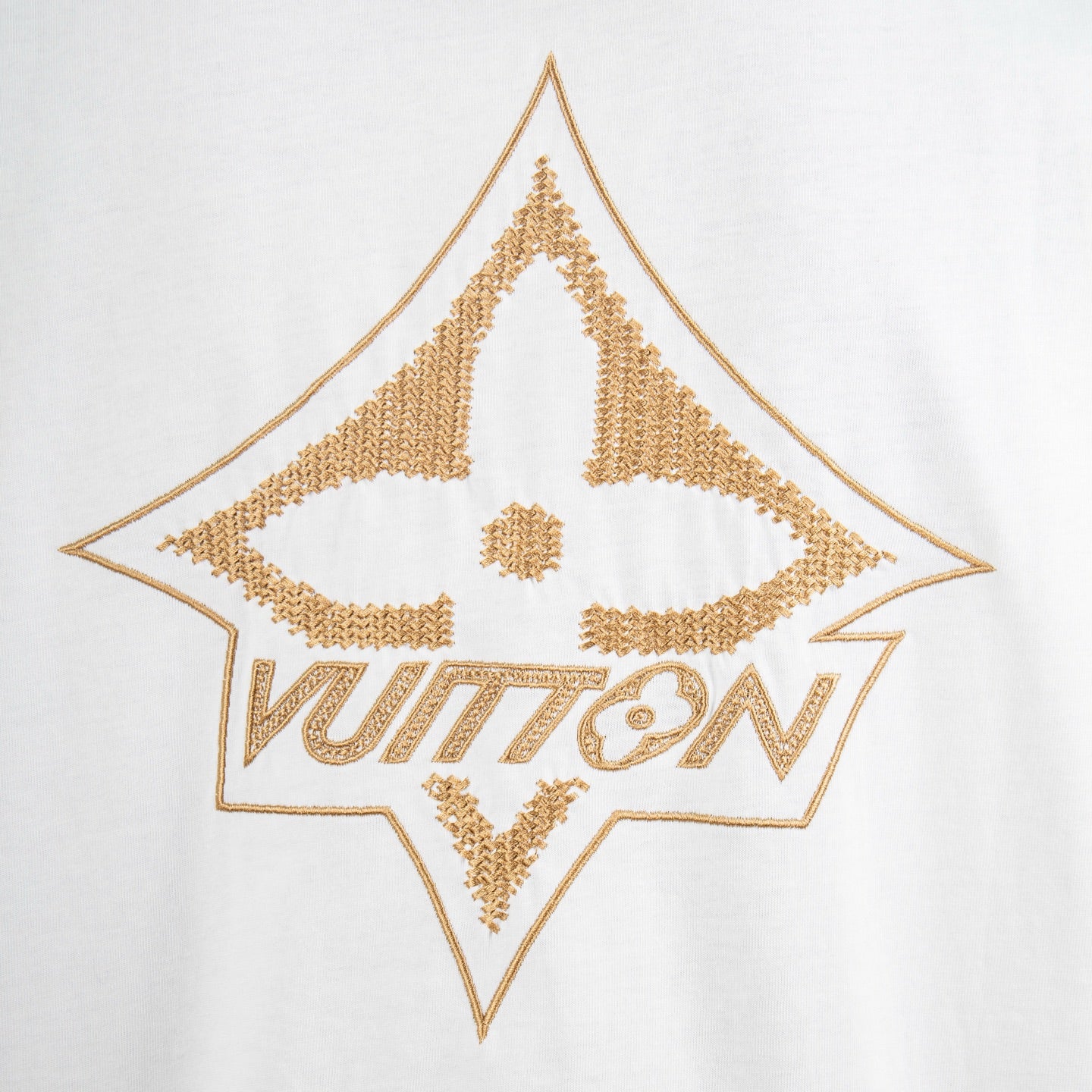 Louis Vuitton gold diamond LV logo embroidery on white T-shirt