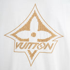 White short-sleeve T-shirt with gold embroidered LV-style diamond logo