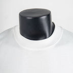 White short-sleeve T-shirt neckline close-up on black mannequin, crew collar