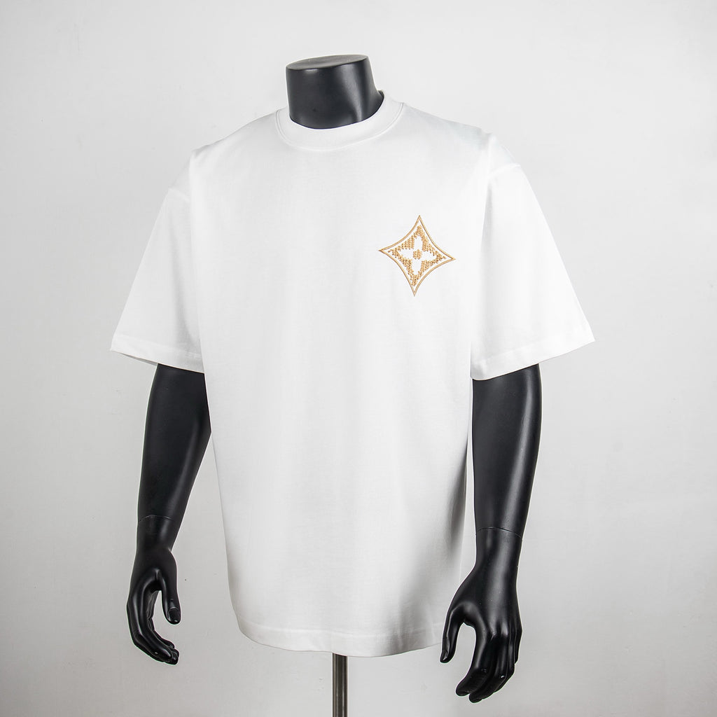 Louis Vuitton white T-shirt with gold diamond logo on chest