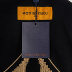 Louis Vuitton black T-shirt hang tag and gold diamond embroidery near hem