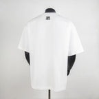 White T-shirt back view with small square logo patch