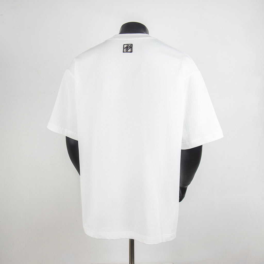 White short-sleeve T-shirt, back view with small square logo patch at upper back