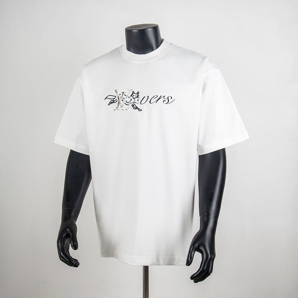 White short-sleeve T-shirt with multicolor LV logo graphic on chest