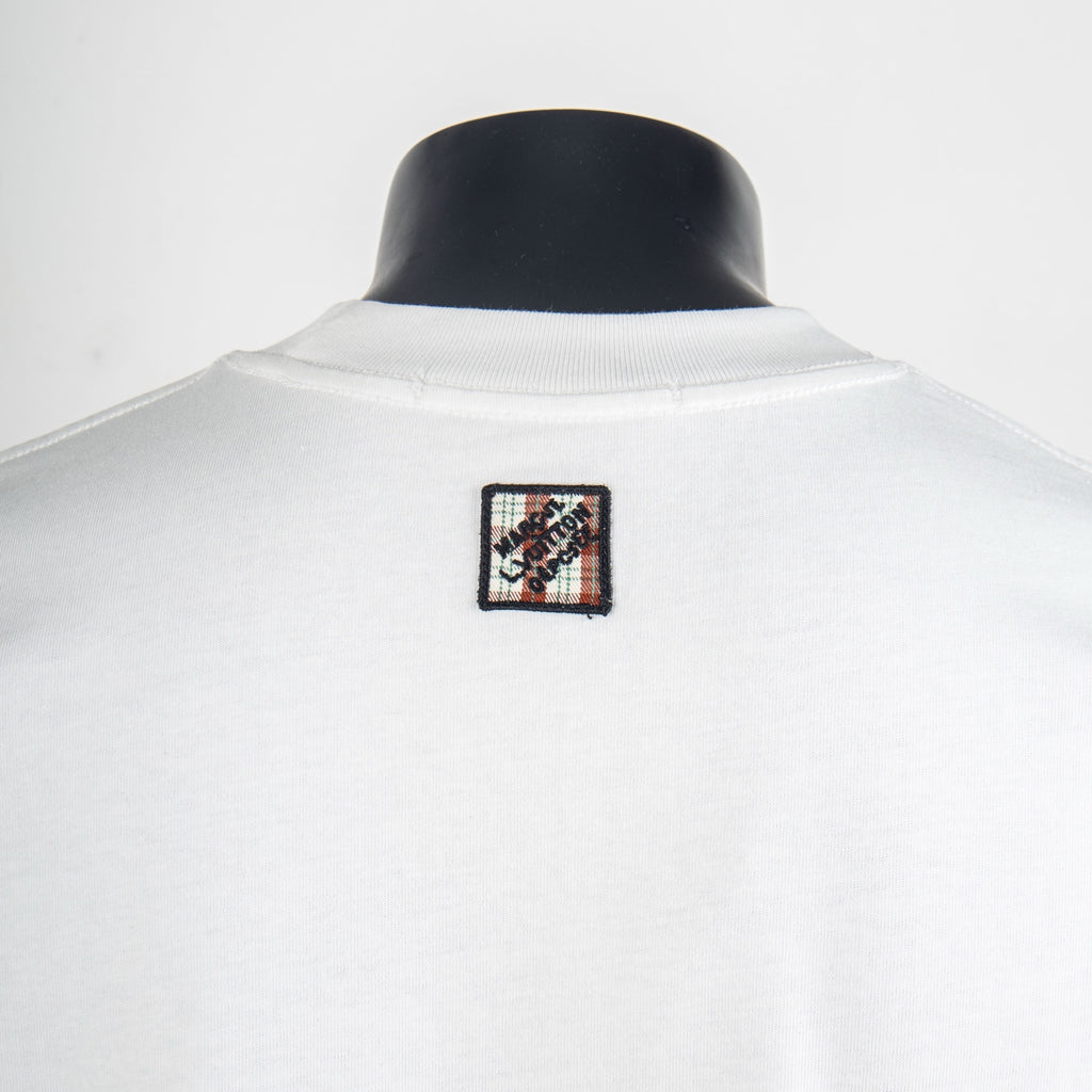 White short-sleeve T-shirt, back view with multicolor square logo patch at center neck