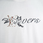 White short-sleeve T-shirt with large embroidered-style cursive logo graphic