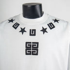 Givenchy white T-shirt front with star, square, and emblem graphic