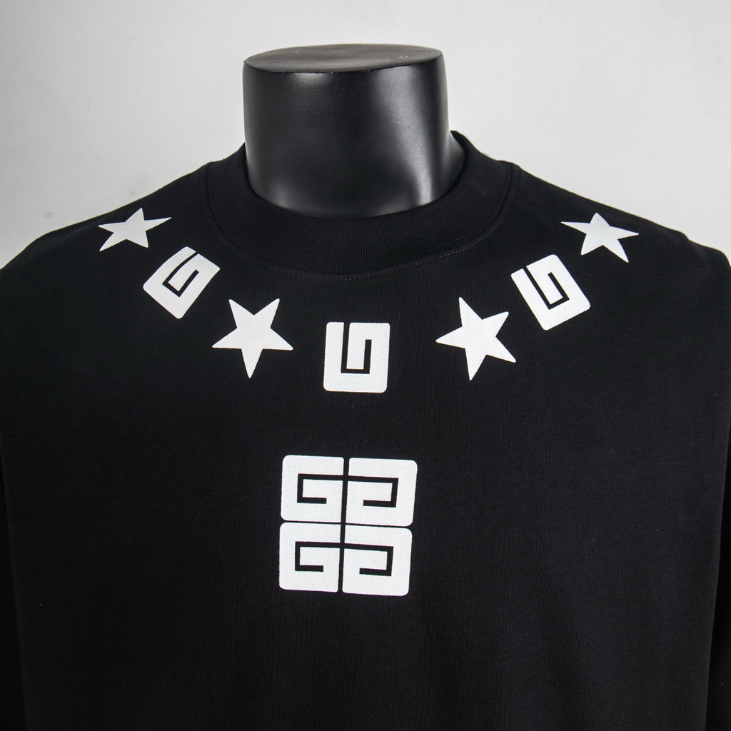 Givenchy black T-shirt with white stars and square logo graphic