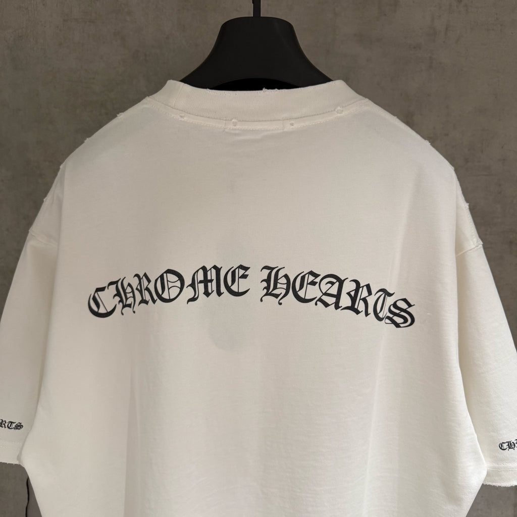 White short-sleeve T-shirt with large back logo text