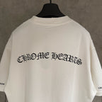 White short-sleeve T-shirt with large back logo text