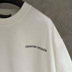 White short-sleeve T-shirt with small logo on the sleeve