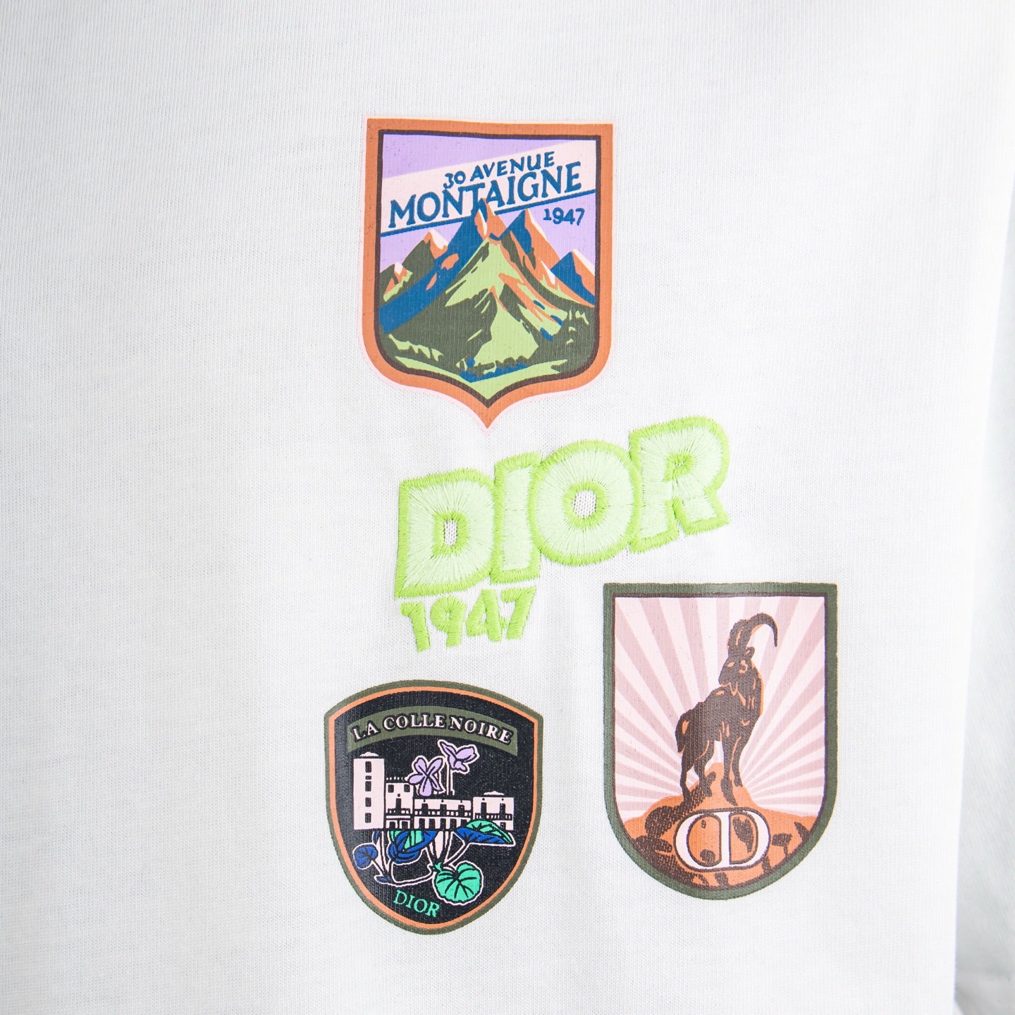 White Dior T-shirt with multicolor crest and Dior 1947 graphic