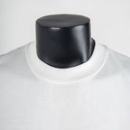 White T-shirt ribbed crew neck collar close-up.