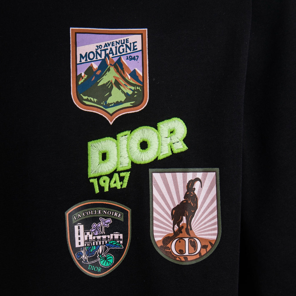 Black Dior T-shirt with embroidered and printed crest graphic and Dior logo