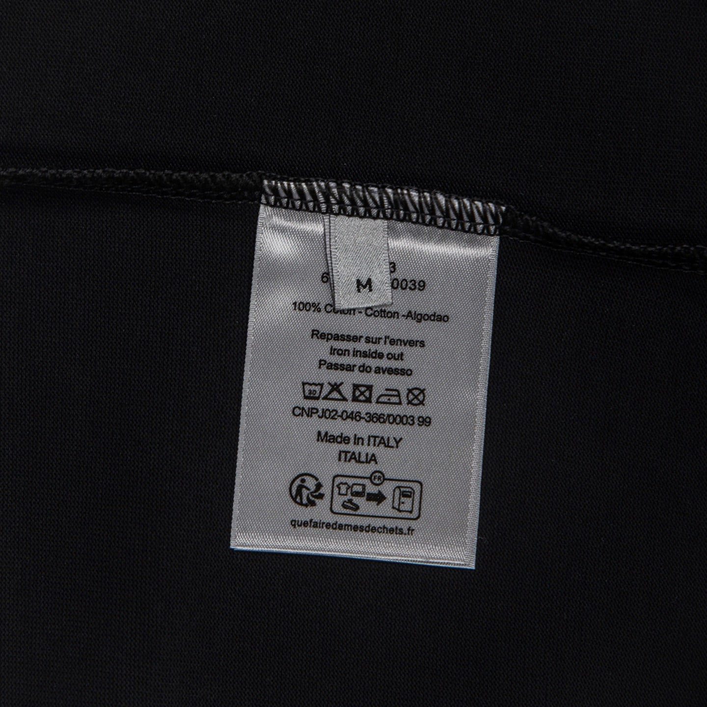 Black T-shirt care and size label, Made in Italy