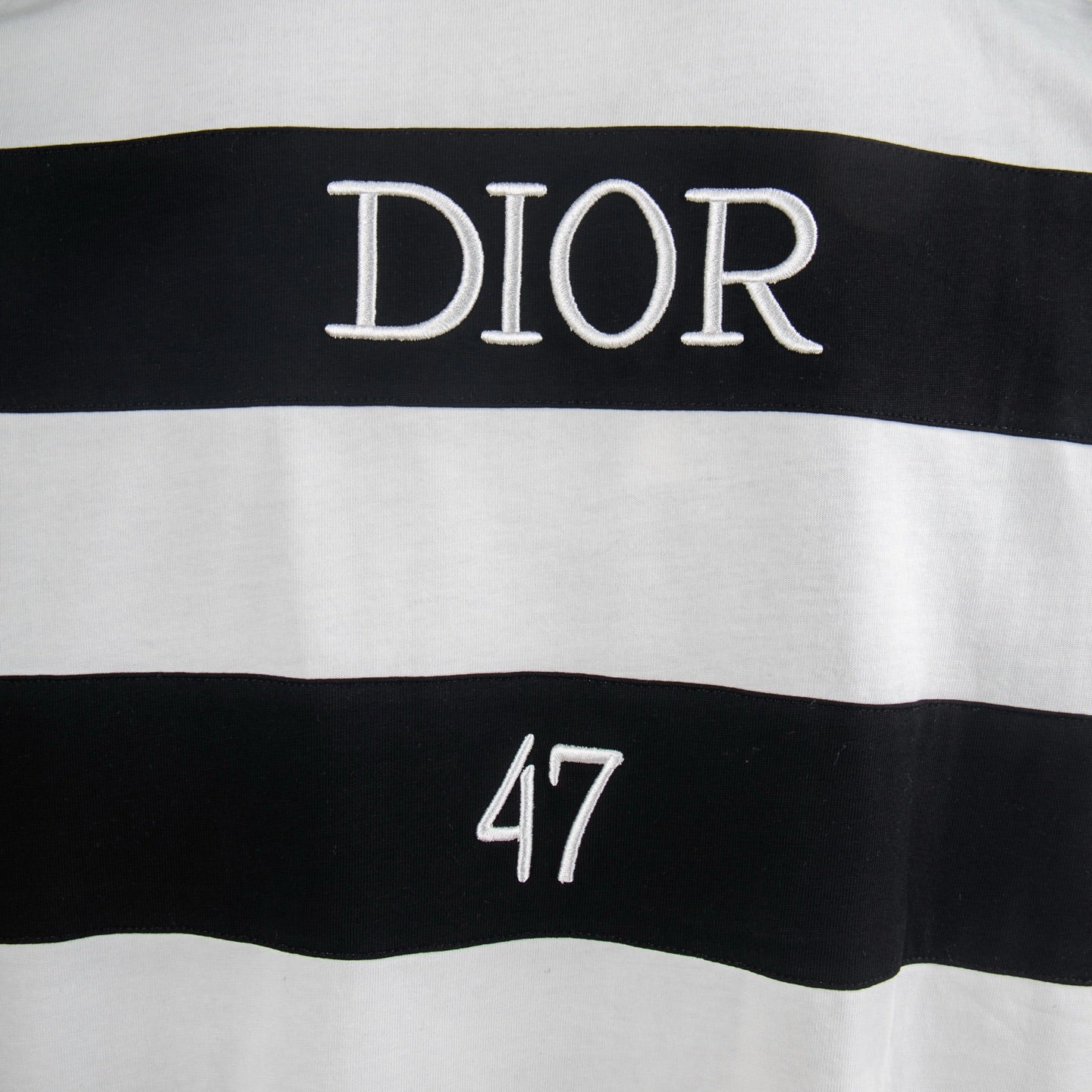 White T-shirt with "DIOR" text and dark stripe band