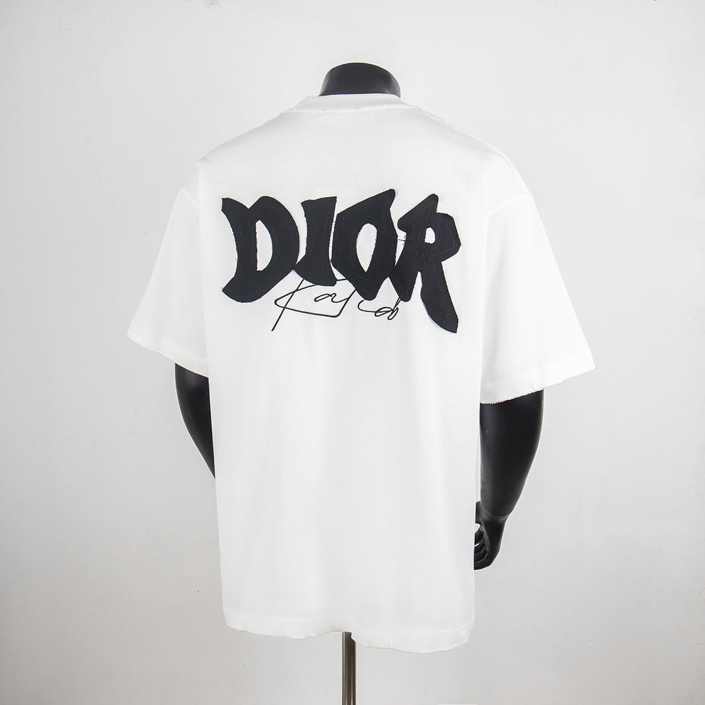 White crewneck short-sleeve T-shirt with large black back logo graphic