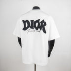 White crewneck short-sleeve T-shirt with large black back graphic and logo