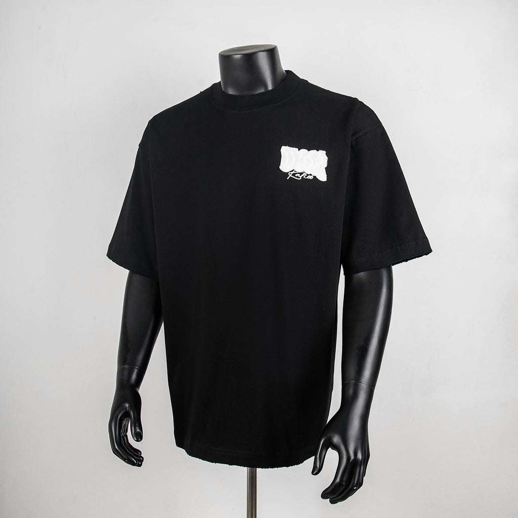 Black short-sleeve mock-neck T-shirt with white Dior logo on chest