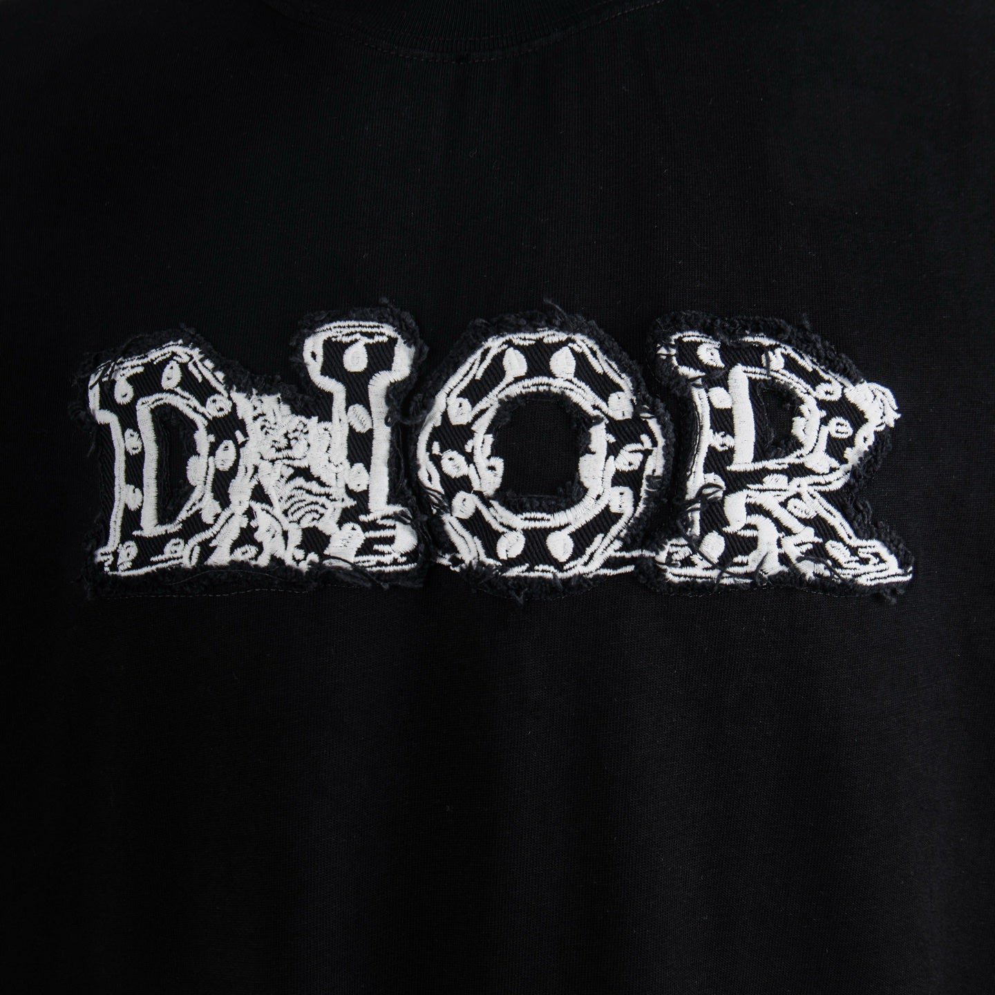 Black T-shirt with white "Dior" embroidered letter graphic