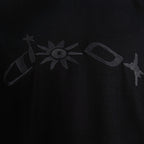 Black short-sleeve T-shirt with large logo print on chest