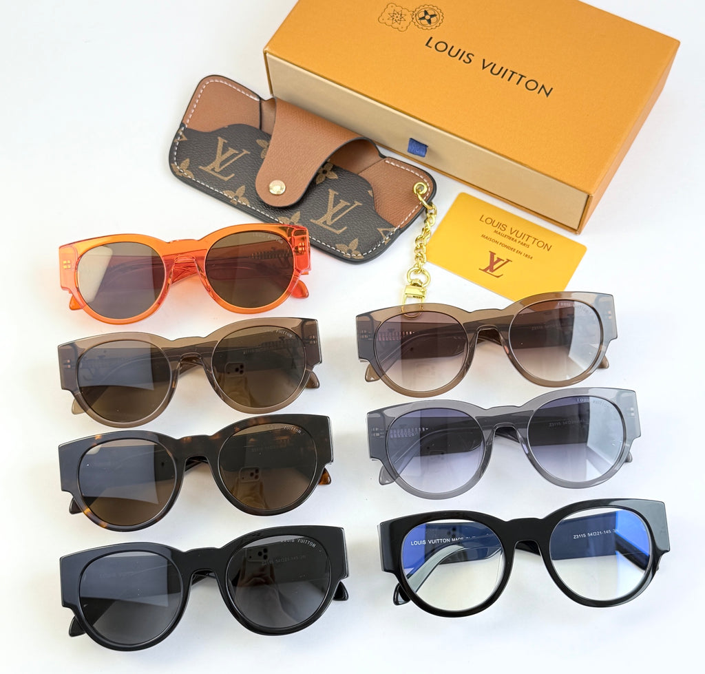 Louis Vuitton sunglasses assortment with orange, brown, and blue tinted lenses