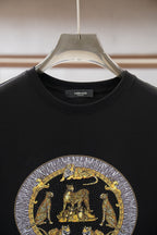 Black crewneck T-shirt with VERSACE logo on chest and crew collar